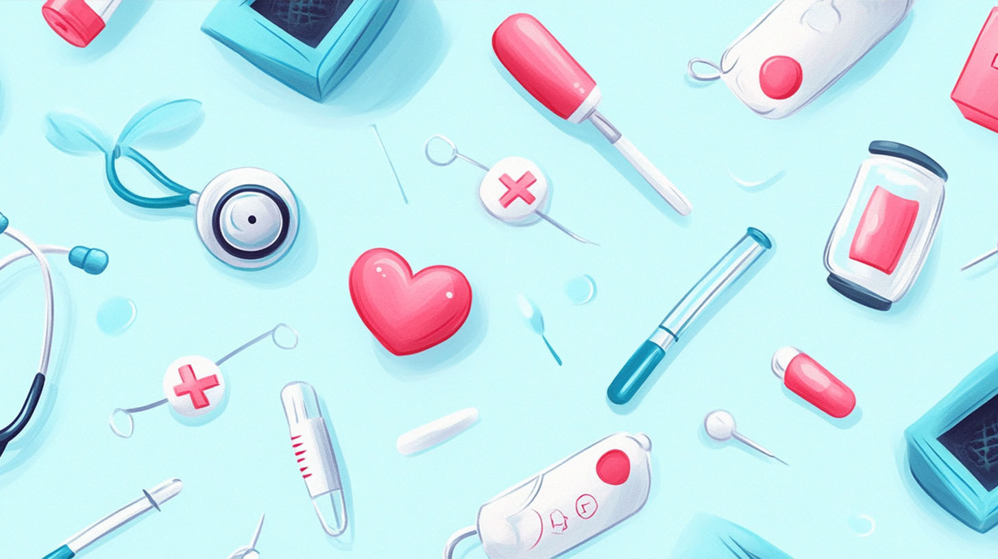 A playful illustration featuring various medical tools, devices, and symbols, including stethoscopes, syringes, and hearts, on a light blue background.