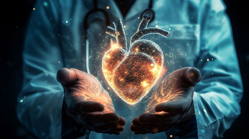 A glowing digital representation of a heart held in the hands of a medical professional wearing a white coat and stethoscope, symbolizing advanced cardiac care.