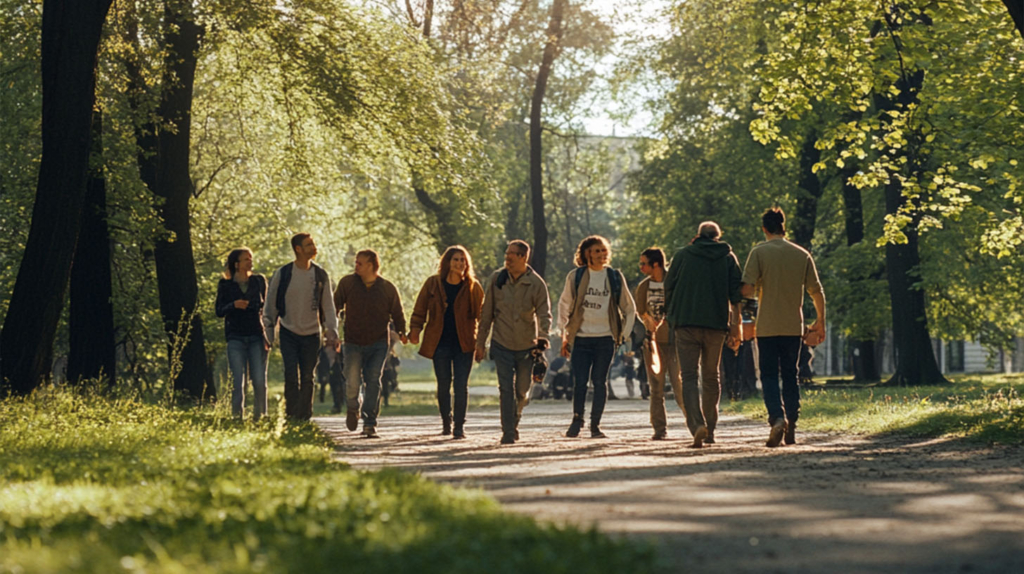  A group of people walking together on a tree-lined path in a sunny park, promoting health, exercise, and community well-being.