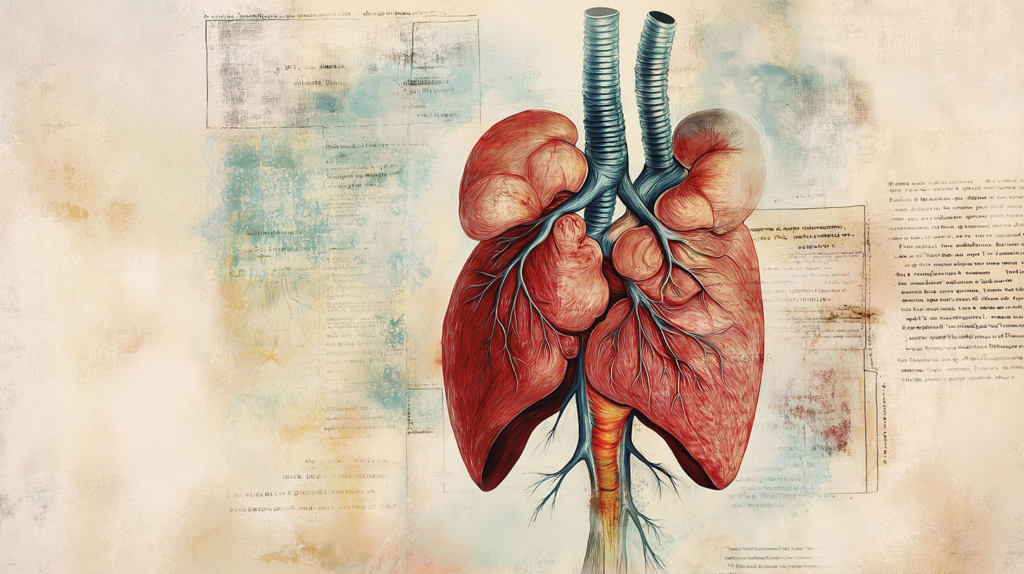 Artistic rendering of human lungs with intricate anatomical details set against a vintage medical document background.
