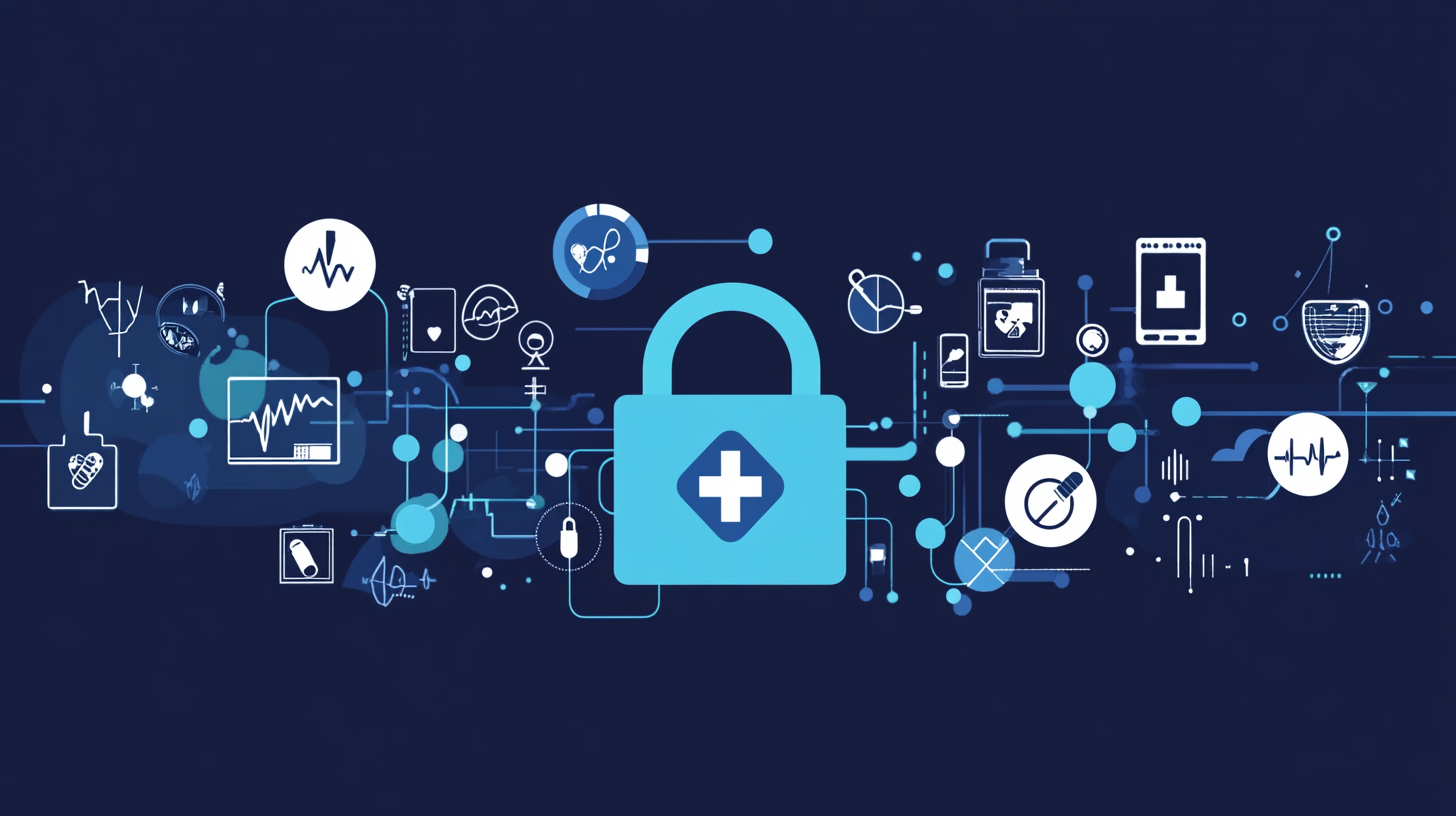 A secure digital lock with a healthcare cross symbol, surrounded by interconnected icons representing medical and data security concepts on a dark blue background